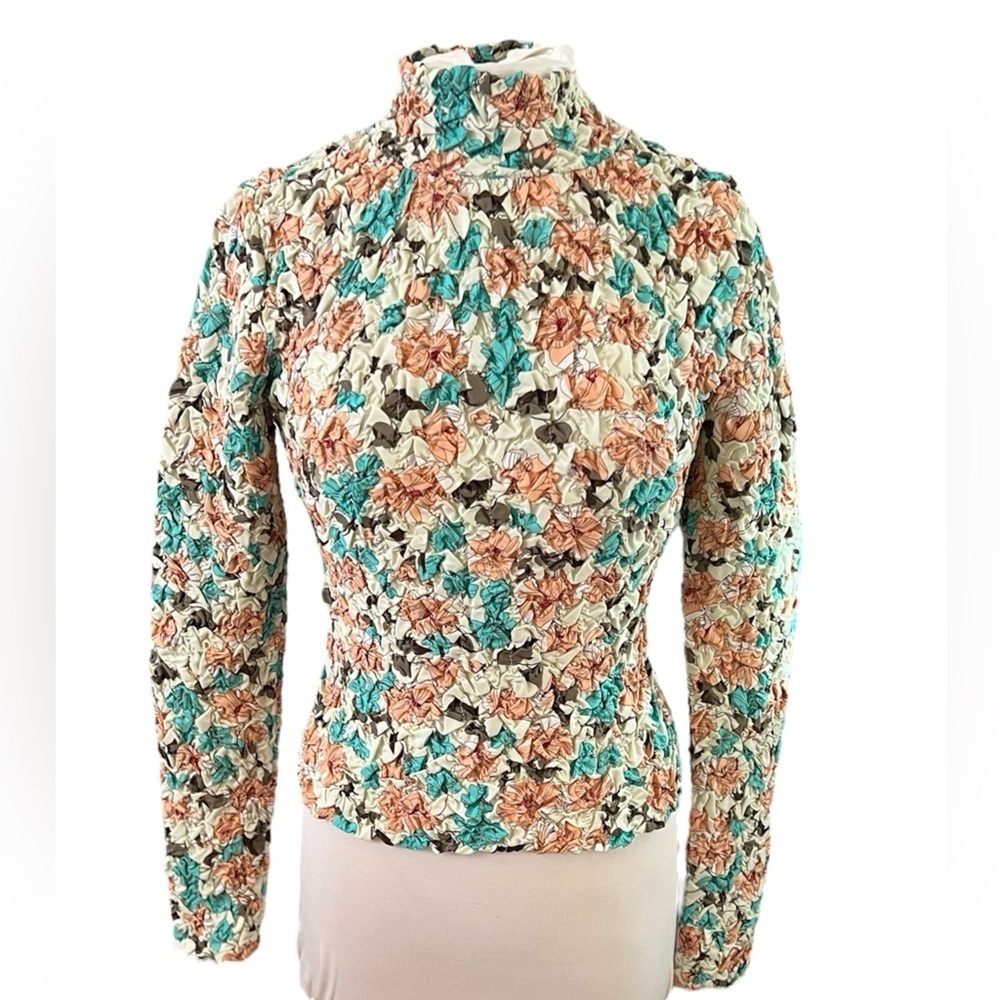 Anthropologie Dolan Printed Pebble-Smocked Turtleneck Top - Medium